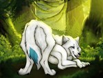 ambiguous_gender ass_up black_nose blue_eyes claws closed_smile feral forest fur glistening glistening_eyes grass lying mouth_closed on_front outside plant shrub smile solo tree white_body white_claws white_fur killthe_demon canid canine mammal hi_res