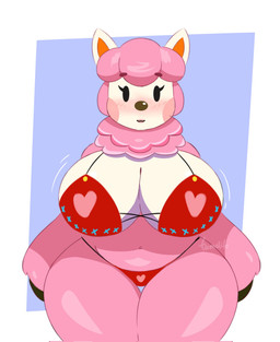 anthro big_breasts black_eyes blue_background blush bra breasts cleavage clothed clothing female fur hair huge_breasts huge_thighs lipstick looking_at_viewer makeup navel panties pink_body pink_fur pink_hair simple_background solo thick_thighs underwear wide_hips tamalito animal_crossing nintendo reese_(animal_crossing) alpaca camelid mammal 2025 digital_media_(artwork) hi_res