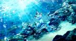 2015 air_bubble ambiguous_gender black_eyes blue_body blue_skin blue_theme bubble caustics day detailed_background digital_media_(artwork) digital_painting_(artwork) eeveelution feral fin generation_1_pokemon generation_2_pokemon group head_fin kemono landscape light looking_at_viewer mammal mantine marine nintendo nude pippi913 pokemon pokemon_(species) remoraid rock sand sea seabed sitting solo_focus sunlight tail tail_fin underwater vaporeon water