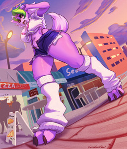 3_toes alternative_fashion anthro big_breasts black_lips boardwalk bottomwear bra breasts building city claws clothed clothed_anthro clothed_female clothing daisy_dukes denim denim_bottomwear denim_clothing denim_shorts detailed_background feet female fingers footwear fur green_hair gyaru hair hotpants j-fashion lips low-angle_view midriff open_bottomwear open_clothing open_pants outside pants pubes purple_body purple_fur sharp_teeth shirt shorts sky socks solo street_lamp sunset teeth thick_thighs thong thong_straps tied_shirt toe_claws toeless_footwear toeless_socks toes topwear under_boob underwear walking white_hair wide_hips carbonfloof five_nights_at_freddy's five_nights_at_freddy's:_security_breach scottgames steel_wool_studios roxanne_wolf canid canine canis mammal wolf 2025 absurd_res digital_media_(artwork) hi_res
