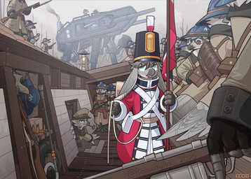 adrian_helmet ambiguous_gender anthro bayonet brodie_helmet christian_symbol christogram clothing coat confusion flag flag_(object) green_eyes group gun hat headgear headwear hidden_eyes holding_flag holding_gun holding_object holding_ranged_weapon holding_rifle holding_weapon knife machine mecha military military_uniform outside ranged_weapon religion religious_symbol rifle rope shako soldier standing symbol time_travel tobacco_pipe topwear trench uniform warrior weapon roawayart christianity ave_(roawayart) lost_soldier_(roawayart) plantide_(roawayart) avian bird 2025 hi_res