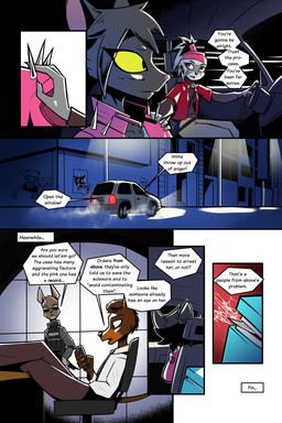 accessory anthro black_body black_fur black_hair brown_body brown_fur brown_hair car clothed clothed_anthro clothed_female clothed_male clothing dialogue facial_markings female fur grey_body grey_fur grey_hair hair hair_accessory hair_tie head_markings jacket male male_anthro markings mask_(marking) night pink_clothing pink_jacket pink_topwear ponytail short_hair spikes text topwear vehicle yellow_eyes gatonejo do_(gatonejo) mono_(gatonejo) canid canine canis domestic_cat domestic_dog felid feline felis mammal procyonid raccoon 2026 2:3 comic english_text hi_res