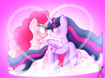 blush duo female feral heart_symbol horn magic simple_background smile wings jesslmc16 friendship_is_magic hasbro my_little_pony mythology pinkie_pie_(mlp) twilight_sparkle_(mlp) equid equine mammal mythological_creature mythological_equine winged_unicorn 4:3 hi_res