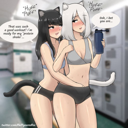 black_ears black_eyes black_hair black_tail blush bodily_fluids bottomwear breasts bulge cleavage clothed clothing dialogue duo female gynomorph gynomorph/female hair intersex intersex/female shorts sweat tail text white_ears white_hair white_tail dbagdraws mia_(dbagdraws) molly_(dbagdraws) felid humanoid mammal 1:1 english_text hi_res incest_(lore) sibling_(lore) sister_(lore) sisters_(lore)