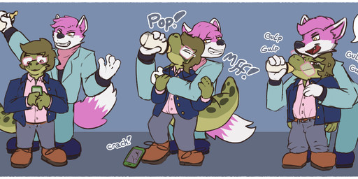 age_regression anthro bottle bottle_feeding container duo male male/male text transformation poorsal james_salamandre shilva amphibian canid canine fox mammal salamander absurd_res english_text hi_res sequence