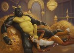 anthro ball_lick balls big_dom_small_sub canid canine dipstick_tail dominant dragon duo erection fox genitals gold_(metal) gold_jewelry harem harem_boy harem_outfit harem_pants hi_res humanoid_genitalia humanoid_penis jewelry larger_anthro larger_male licking male male/male mammal markings muscular muscular_anthro muscular_male mythological_creature mythological_scalie mythology nipples non-mammal_balls non-mammal_nipples oral orcfun penis scalie sex size_difference smaller_anthro smaller_male tail tail_markings tongue tongue_out