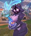 anthro belt clothed clothing eye_scar facial_scar female fur glowing glowing_eyes glowing_nose holding_object hood pink_eyes pink_mouth pink_nose purple_body purple_fur scar shadow_face solo standing text kirumeow epic_games fortnite raven_team_leader bear mammal absurd_res hi_res