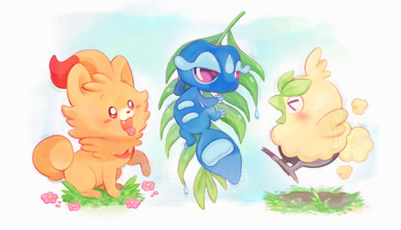 ambiguous_gender avian_feet blue_body blue_tail blush blush_lines blush_stickers feathers feral fur group motion_lines orange_body orange_ears orange_fur orange_tail starter_trio tail tongue tongue_out trio tuft yellow_body yellow_feathers doekis nintendo pokemon pokemon_winds_and_waves avian browt canid canine gecqua generation_10_pokemon lizard mammal pokemon_(species) pombon reptile scalie 2026