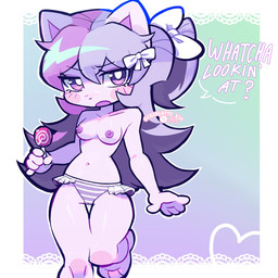 accessory anthro bikini blush bottomwear bow_ribbon breasts camel_toe candy cat_tail clothing dessert female food fur hair hair_accessory hair_bow hair_ribbon hair_tie lollipop long_hair looking_at_viewer multicolored_hair navel nipples open_mouth pink_body pink_fur pink_hair ponytail purple_eyes purple_hair ribbons solo swimwear tail talking_to_viewer text two-piece_swimsuit two_tone_hair underwear charlotte.x sashley ash_(sashley) felid feline mammal 1:1 absurd_res digital_media_(artwork) english_text hi_res watermark