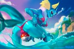 anthro big_tail breast_squish breasts camel_toe clothing female genitals island masturbation pokeball pokeball_sex_toy pussy sex_toy sky solo squish swimwear tail water villllain nintendo pokemon eeveelution generation_1_pokemon pokemon_(species) vaporeon