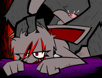 alternative_fashion ambiguous_gender ambiguous_penetration anthro bent_over bodily_fluids breath collar cum cum_inside dominant duo emo eye_bags eye_through_hair eyeliner fangs fist fur furniture genital_fluids genitals grabbing_body grey_body grey_fur hair hair_grab hand_on_head larger_dom long_ears makeup male male/ambiguous on_table panting penetration penis pink_penis red_eyes scar self-harm_scars short_tail size_difference smile spiked_collar spikes table tail teeth touching_hair translucent translucent_hair blood-bat violet_redfern ambiguous_species lagomorph leporid mammal rabbit aliasing binary_drawing digital_drawing_(artwork) digital_media_(artwork)