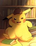 ambiguous_gender bodily_fluids book bookshelf clothing detective_pikachu dorobo_39 furniture generation_1_pokemon hat hat_only headgear headgear_only headwear headwear_only hi_res mostly_nude nintendo open_mouth pikachu pokemon pokemon_(species) semi-anthro simple_background solo sweat yellow_body