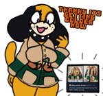 anthro anthrofied breasts clothed clothing collar dialogue female jacket open_mouth orange_body profanity simple_background solo spiked_collar spikes standing tail text topwear white_background lewdewott duck_hunt nintendo duck_hunt_dog huntress_(lewdewott) canid canine canis domestic_dog mammal 2023 digital_drawing_(artwork) digital_media_(artwork) english_text hi_res