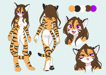 4_toes anthro black_pawpads blep breasts butt butt_heart chart countershade_feet countershading curvy_figure digitigrade fangs featureless_breasts feet female hair long_hair nipples nude open_mouth pawpads purple_eyes soles solo stripes teeth toes tongue tongue_out unousaya eva_(noobmania) felid feline humanoid mammal pantherine tiger digital_drawing_(artwork) digital_media_(artwork) hi_res model_sheet