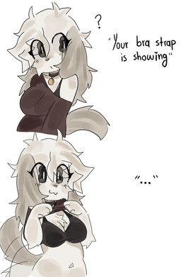 :3 blush bra bra_strap breasts chest_tuft cleavage clothed clothing clothing_lift collar question_mark shirt shirt_lift smile tail tail_motion tailwag text topwear tuft underwear uovo bra_strap_showing_(meme) ume_(uovo) canid canine canis domestic_dog mammal 2026 english_text hi_res meme