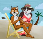 anthro beach beach_chair beach_umbrella blush breasts cleavage clothed clothing dress duo female half-closed_eyes hat headgear headwear looking_at_viewer male male/female narrowed_eyes navel nipple_outline nude open_mouth palm_tree parasol plant seaside tongue tree whiskers warioanon old_speckled_hen badger_mom_(old_speckled_hen) henry_(old_speckled_hen) badger canid canine fox mammal mustelid musteline 2024 hi_res