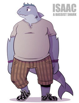 anthro bottomwear bracelet brown_bottomwear brown_clothing brown_pants clothing earless fin footwear gills green_hair grey_body grey_clothing grey_shirt grey_topwear hair head_fin jewelry male overbite pants shirt shoes simple_background solo tail tail_fin teeth_showing text thick_tail topwear white_background t0l0k isaac_(t0l0k) aquatic fish shark character_name digital_media_(artwork) hi_res