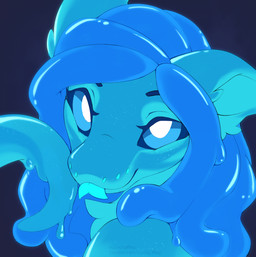 anthro blue_body blue_eyes blue_tongue dripping facial_markings female forked_tongue glistening glistening_body head_markings markings purple_background simple_background smile snout snout_markings solo sparkles tail tongue tongue_out luckyway fish goo_creature hybrid marine reptile scalie shark snake 2025 cool_colors digital_media_(artwork) headshot_portrait hi_res portrait watermark