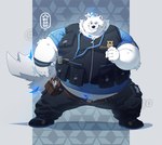 anthro belly clothing fur hair male overweight ponytail shirt smile solo t-shirt topwear vest white_body white_fur wristband riisago lifewonders live_a_hero yohack canid canine canis domestic_dog mammal nordic_sled_dog samoyed spitz