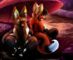 amber_eyes ambiguous_gender anthro duo fluffy fur green_eyes happy inner_ear_fluff multicolored_body multicolored_ears multicolored_fur multicolored_pawpads nude open_mouth pawpads rainbow_ears rainbow_pawpads raining sitting teeth tuft umbrella chibity fray_the_fox ritter_(krazykit) canid canine canis domestic_dog fox german_shepherd herding_dog mammal pastoral_dog 2018