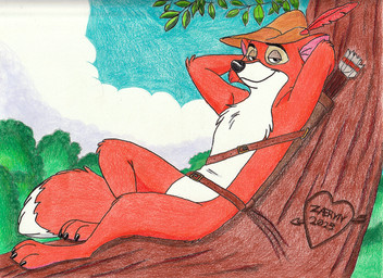 anthro arrow_(weapon) bedroom_eyes belt bycocket claws clothing hat hat_feather headgear headwear heart_symbol in_tree leaf looking_at_viewer loose_feather male mostly_nude narrowed_eyes plant quiver_(object) ranged_weapon reclining seductive sky smile smiling_at_viewer solo toe_claws tree tree_carving weapon zaeryn disney robin_hood_(disney) robin_hood canid canine fox mammal red_fox true_fox hi_res traditional_media_(artwork)