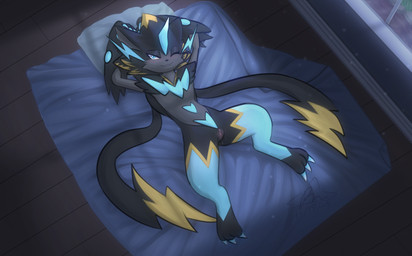 anthro bedding black_nose blanket blue_eyes blush bodily_fluids claws clitoris detailed_background female floor fur genital_fluids genitals horn inside lying on_back one_eye_closed pillow smile solo spread_legs spreading vulva window wink wood wood_floor rymherdier nintendo pokemon pokemon_legends_z-a felid generation_9_pokemon legendary_pokemon mammal mega_evolution mega_zeraora pokemon_(species) digital_media_(artwork) hi_res