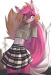 anthro blue_eyes bottomwear breasts clothed clothed_anthro clothed_female clothing countershade_torso countershading female front_view fully_clothed fully_clothed_anthro fully_clothed_female fur hair inner_ear_fluff legwear looking_at_viewer pink_body pink_fur pink_hair pink_tail skirt small_breasts solo standing tail thigh_highs topwear tuft tinygaypirate canid canine fox mammal 2025 digital_media_(artwork) hi_res