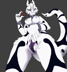 anthro bracelet breasts eyeliner female fur genitals heart_symbol jewelry makeup solo spread_vulva spreading tuft urethra vulva sealboy erika_(madmaximus710) furred_scalie furred_snake reptile scalie snake absurd_res hi_res