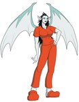 black_hair black_lips blue_eyes breasts claws clothing female footwear hair lips pointy_ears prison_uniform smile solo wings gojirag crocs dc_comics nosferata bat humanoid mammal vampire hi_res