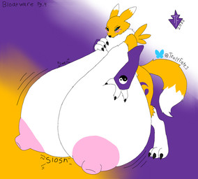 areola big_breasts big_nipples blush breast_grab breasts female hand_on_breast huge_breasts hyper hyper_breasts nipples onomatopoeia solo sound_effects text truly_fates_(artist) bandai_namco digimon digimon_(species) renamon hi_res