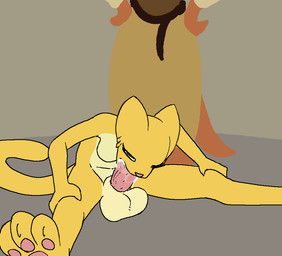 animal_genitalia annoyed anthro autofellatio balls belly big_penis breasts claws clothed clothed_female clothing countershade_belly countershade_fur countershade_torso countershading duo eyelashes featureless_breasts female fur genitals gynomorph hands_on_hips holding_own_legs intersex masturbation narrowed_eyes nude nude_gynomorph oral oral_masturbation pawpads penile penile_masturbation penis pink_nose pink_pawpads pink_penis red_body sheath simple_background sitting sitting_on_ground small_breasts solo_focus standing standing_behind tail tail_motion tailwag toe_claws vein veiny_penis yellow_body yellow_fur twokindswierdo bethesda_game_studios microsoft oblivion prequel_adventure the_elder_scrolls katia_managan quill-weave argonian felid khajiit mammal scalie animated loop