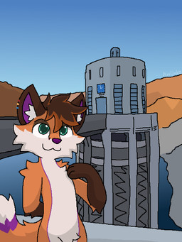 :3 anthro biped blue_eyes dam dipstick_tail ear_piercing featureless_crotch front_view fur hoover_dam looking_at_viewer male markings nevada_(state) nude orange_body orange_fur outside piercing purple_body purple_fur solo standing tail tail_markings water white_body white_fur alexumka mochafox_(itsmochafox) canid canine fox mammal red_fox true_fox colored digital_media_(artwork) hi_res pixel_(artwork)