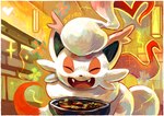 ambiguous_gender asian_food eyes_closed fangs feral flower food fur happy heart_symbol painting pink_body pink_fur plant restaurant solo stew teeth white_body white_fur blitzdrachin conditional_dnp nintendo pokemon canid canine generation_8_pokemon hisuian_form hisuian_zorua mammal pokemon_(species) regional_form_(pokemon) tagme
