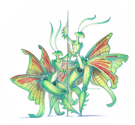 ambiguous_gender antennae_(anatomy) anthro dancing duo green_body green_eyes green_skin nude pole pole_dancing simple_background white_background drachenmagier arthropod insect mantis traditional_media_(artwork)