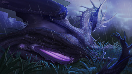 3_fingers 3_toes animal_genitalia animal_penis anus back_wings black_body black_scales bodily_fluids claws detailed_background dripping facial_horn feet feral finger_claws fingers folded_wings genital_fluids genitals glowing_pupils grass horn leaking_precum looking_at_viewer lying male membrane_(anatomy) membranous_wings multi_horn nose_horn on_side penis pink_penis plant precum precum_drip raining scales scutes solo spikes spikes_(anatomy) tail toe_claws toes ventral_scales wing_claws wings lokrial european_mythology mythology dragon mythological_creature mythological_scalie scalie western_dragon hi_res shaded