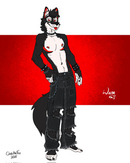 anthro barefoot black_body black_fur chain chain_necklace clothing ear_piercing ear_ring ears_up facial_piercing feet fur hand_on_hip humanoid_feet jewelry looking_at_viewer male necklace nipple_piercing nipples nose_piercing nose_ring piercing plantigrade red_eyes ring ring_piercing solo spikes tail tongue tongue_out torn_clothing white_body white_fur bartek22 wayne_(bartek22) canid canine canis mammal wolf hi_res