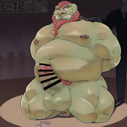 balls beard belly big_penis blush bottomwear censor_bar clothing erection facial_hair genitals green_body group ineffective_censorship male male_focus moobs musclegut muscular nipples overweight overweight_male pants penis shirt solo_focus text topwear k_gutless big_dick_day background_character humanoid orc 1:1 censored hi_res japanese_text