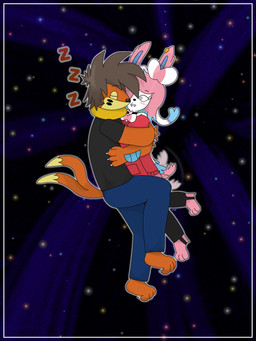 ambiguous_gender anthro blush brown_hair clothing cosmic_background cuddling duo fur hair hug male orange_body orange_fur pink_hair sleeping space tail tail_motion tailwag hupla21 nintendo pokemon fang_(hupla21) pixie_(hupla21) buizel eeveelution generation_4_pokemon generation_6_pokemon pokemon_(species) sylveon 3:4 absurd_res hi_res nonbinary_(lore) trans_(lore) trans_woman_(lore)