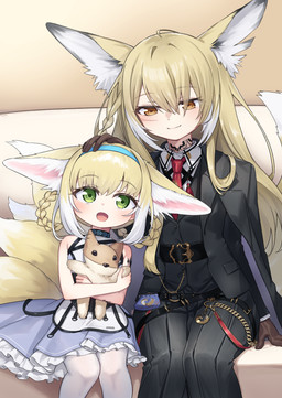 accessory age_difference blonde_hair bottomwear braided_hair brown_eyes clothed clothing dress duo female fully_clothed gloves green_eyes hair hand_on_head handwear holding_object holding_plushie jacket long_hair mouth_closed multi_tail necktie older_female open_mouth pants pigtails plushie shirt sitting smile tail topwear twin_braids young young_female younger_female coconeeeco arknights hypergryph studio_montagne suzuran_(arknights) vulpisfoglia_(arknights) animal_humanoid canid canid_humanoid canine canine_humanoid fox_humanoid humanoid mammal mammal_humanoid 2025 absurd_res hi_res daughter_(lore) mother_(lore) mother_and_child_(lore) mother_and_daughter_(lore) parent_(lore) parent_and_child_(lore) parent_and_daughter_(lore)