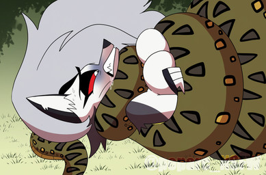 ambiguous_feral ambiguous_gender ambiguous_on_anthro anthro anthro_on_feral asphyxiation bestiality black_eyelids bodily_fluids breast_squeeze breasts choking coiling coiling_around_body coiling_around_neck cyanosis detailed_background drooling duo eyelashes female female/ambiguous female_anthro female_on_feral feral fur grass green_body green_scales grey_body grey_fur grey_hair hair notched_ear nude nude_anthro outside plant red_sclera restrained restrained_arms saliva scales squeezing sweat white_body white_eyes white_fur poparc_nsfw hellaverse helluva_boss mythology loona_(helluva_boss) canid canid_demon canine demon hellhound mammal mythological_canine mythological_creature reptile scalie snake 2026 absurd_res hi_res