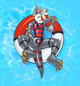 anthro antlers bulge_grab bulge_squish clothing colored_nails horn inflatable inner_tube latex latex_clothing latex_skinsuit lock_bulge lock_symbol looking_up lying male nails null_bulge on_back pokeball pool_float skinsuit solo tail tight_clothing water yellow_nails owy nintendo pokemon altered_forme_giratina generation_4_pokemon giratina legendary_pokemon pokemon_(species) absurd_res hi_res