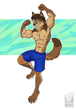 4_toes 5_fingers abs anthro athletic athletic_anthro athletic_male barefoot bio_in_description black_nose bottomwear brown_body brown_fur brown_hair clothed clothed_anthro clothed_male clothing fangs feet fingers flexing fur hair hindpaw humanoid_hands male muscular muscular_anthro muscular_male navel nipples open_mouth open_smile paws pecs shorts smile solo tail teeth toes tongue topless topless_anthro topless_male vallhound jaden_cooley canid canine canis coyote mammal 2025 dated hi_res signature story story_in_description
