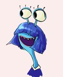 big_eyes black_eyes blue_body blue_clothing blue_hair blue_skin clothing eyelashes fangs female hair lipstick long_neck makeup open_mouth shirt simple_background smile solo teeth topwear white_background kayo_kz disney monsters_inc monsters_university pixar humanoid monster colored shaded