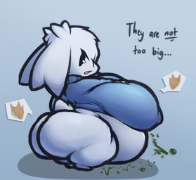 after_vore anthro belly big_belly big_breasts big_butt blue_background blue_clothing blue_shirt blue_topwear breasts butt clothing female fur overweight shirt simple_background solo text thick_thighs topwear vore white_body white_fur tachidomatte cave_story sue_sakamoto lagomorph mammal mimiga 2025