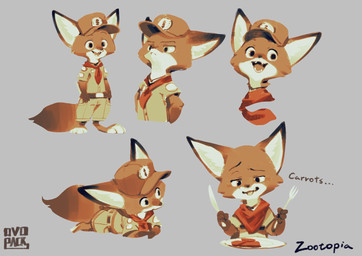 aged_down anthro belt boy_scout clothing cutlery food fork grey_background hat headgear headwear kerchief kitchen_utensils knife male scout_uniform simple_background tools uniform young young_anthro ovopack disney zootopia nick_wilde canid canine fox mammal red_fox true_fox 2016 hi_res multiple_images
