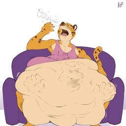 after_vore aged_down anthro belly big_belly burping clothing eyes_closed fur furniture huge_belly male male_pred markings open_mouth oral_vore pecs pink_nose prey_outline same_size_vore shirt sitting size_difference smaller_pred sofa spots spotted_body spotted_fur struggling struggling_prey tank_top text topwear vore whiskers yellow_body yellow_fur bobthetanuki disney zootopia benjamin_clawhauser bear cheetah felid feline mammal 1:1 story story_in_description