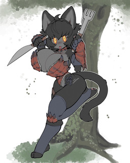 amber_eyes anthro armor big_breasts black_body black_clothing black_fur black_hair black_legwear black_thigh_highs blep breast_implants breasts clothed clothed_anthro clothed_female clothing female fur hair holding_fork holding_knife holding_object huge_breasts knife legwear looking_at_viewer skimpy solo stirrup_legwear stirrup_stockings stockings tail thigh_highs tongue tongue_out unconvincing_armor wide_hips thevarking capcom monster_hunter null_(thevarking) felid feline felyne lynian mammal palico 2026 hi_res
