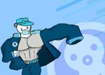 anthro blue_background elderly_male evilsnak3 fur logo long_beard male male/male muscular muscular_male putting_on_clothes putting_on_jacket serious_face simple_background solo walking white_body white_fur cu3rvo octonauts captain_barnacles_bear bear mammal hi_res