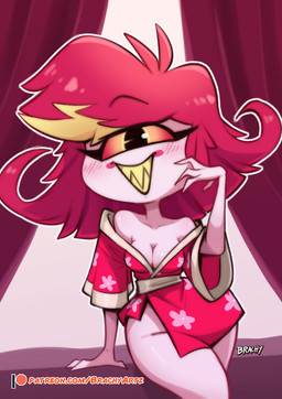 1_eye big_hair blush blush_lines blush_stickers breasts cleavage clothed clothing eyelashes female front_view hair looking_at_viewer pink_clothing red_hair sharp_teeth smile solo teeth thick_thighs white_body wide_hips brachyzoid hazbin_hotel hellaverse niffty_(hazbin_hotel) cyclops demon demon_humanoid humanoid hi_res