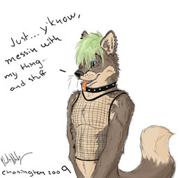 anthro biped black_clothing black_topwear blue_eyes brown_body brown_fur caption clothing collar countershade_face countershade_torso countershading covering covering_crotch covering_self dialogue dipstick_tail ear_piercing fishnet_clothing fishnet_topwear fur green_hair hair hair_over_eye inner_ear_fluff looking_at_viewer male markings masturbation multicolored_tail obscured_masturbation one_eye_obstructed piercing shirt simple_background solo standing studded_collar studs tail tail_markings tan_body tan_countershading text tongue tongue_out tongue_piercing topwear translucent translucent_clothing translucent_topwear tuft two_tone_tail whiskers white_background chasington canid canine fox mammal 2009 colored digital_media_(artwork) english_text half-length_portrait portrait signature